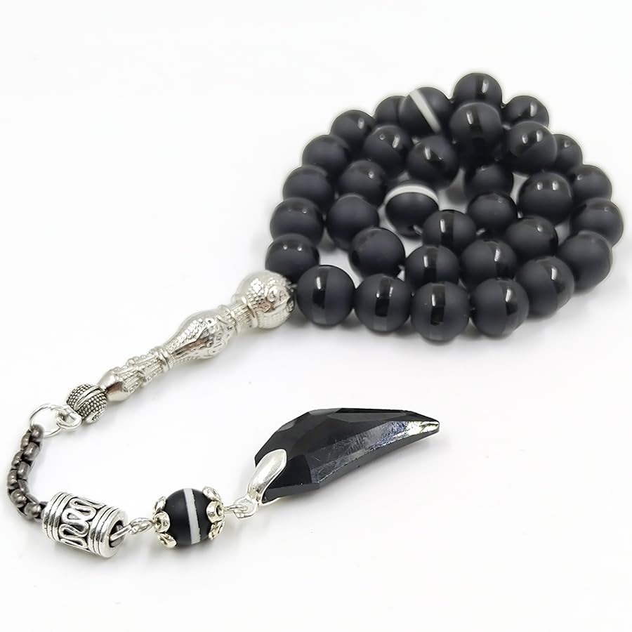 ALBASHAN Black Crystal Tasbih and agate tassel Muslim prayer beads 33 45 66 99 Misbaha rosary beads Islamic Eid ADHA gift - size: 10mm x 66beads