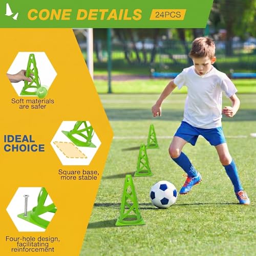 24 Pack Soccer Cones, 9 Inch Agility Cones for Soccer, Football, Basketball, Cones for Sports Training, Speed & Agility Drills, Field Marking Equipment - color: green