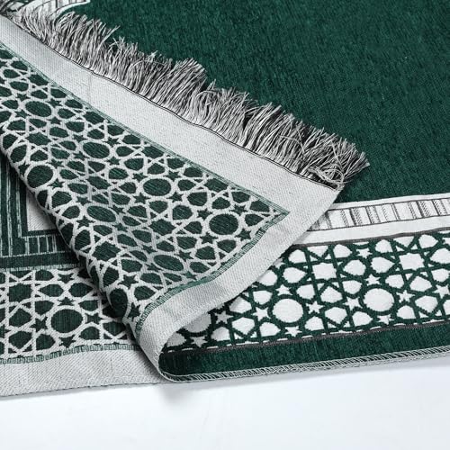 Muslim Prayer Rug and Beads with Elegant Cylinder Gift Box, Thin Woven Chenille Sajjadah for Men Women Kids, Soft Islamic Carpet Mat for Ramadan Eid (Green) - color: Green