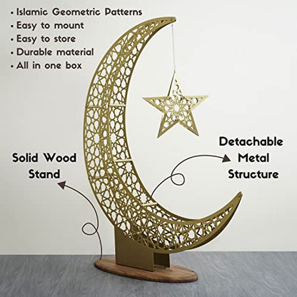 iwa concept Metal Crescent Islamic Decor, Moon and Star Ramadan Art, Islamic Table Top Decoration Gift for Muslims in Ramadan Eid (52 x 44 cm | 20.8 x 17.6 inches | Small) - size: 20.8"L x 20.8"W