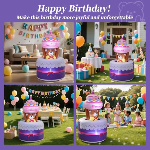 Lewondr 6FT Inflatable Birthday Cake Outdoor Decorations, Automatic Lifting Bear, Waterproof Blow Up Happy Birthday Decor with Candle 4 LED Lights for Outdoor Indoor Party Garden Yard Lawn - style: Lifting Bear