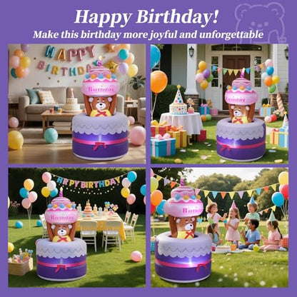 Lewondr 6FT Inflatable Birthday Cake Outdoor Decorations, Automatic Lifting Bear, Waterproof Blow Up Happy Birthday Decor with Candle 4 LED Lights for Outdoor Indoor Party Garden Yard Lawn - style: Lifting Bear