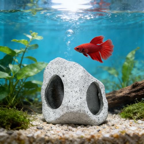 Ceramic Aquarium Rock Cave Decor, Medium, Fish Tank Hideout Ornament for Betta, Shrimp and Cichlids