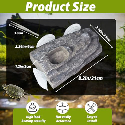 Turtle Floating Basking Platform with 3 Suction Cups & Water Bowl, Turtle Basking Platform with Feeding Tweezer for Frogs, Terrapins, Lizards(8.2×3.14×1.2 inch, Grey)
