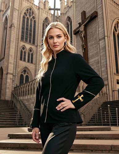 FAD-4U Women Long Sleeves Clergy Coat with Stand Up Collar Button Down Pastor Clergy Dresses - color: Black a, size: XX-Large