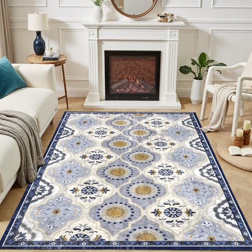 EnHomee Area Rugs 3x5, Soft Washable Rugs for Living Room Bedroom, Boho Non Slip Low Pile Stain Resistant Washable Rug Large Carpet for Dining Room,Easy to Clean Living Room Rug, Blue - color: Blue, size: 3x5
