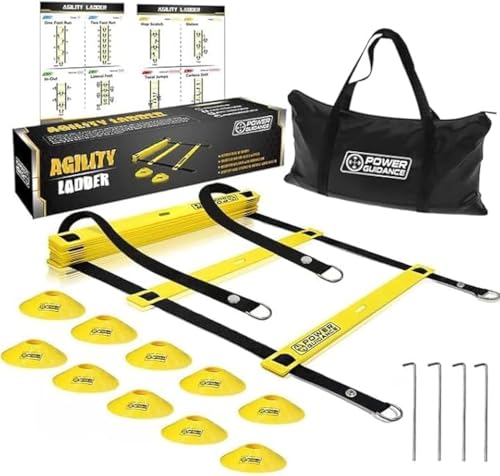 POWER GUIDANCE Agility Ladder (20 Feet) with Cones for Speed Agility Training & Quick Footwork Exercise - Soccer & Football Training Equipment for Adults, Youth & Kids - color: Yellow
