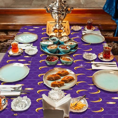1Pc Ramadan Party Plastic Tablecloth 54 x 87 Inch Long Table Cover, House Light Purple Gold Party Tablecover for Eid Mubarak Baby Shower Birthday Dinner Picnic Kitchen Event Use - color: House Light Purple Gold Ramadan
