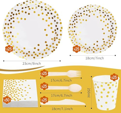200 Pcs Birthday Plates and Napkins, White and Gold Plates Disposable, 25 Guests Party Plates Set, Plate and Napkins Party Supplies, Including Spoon, Fork, Knife, Drinking Cups for Wedding Christmas