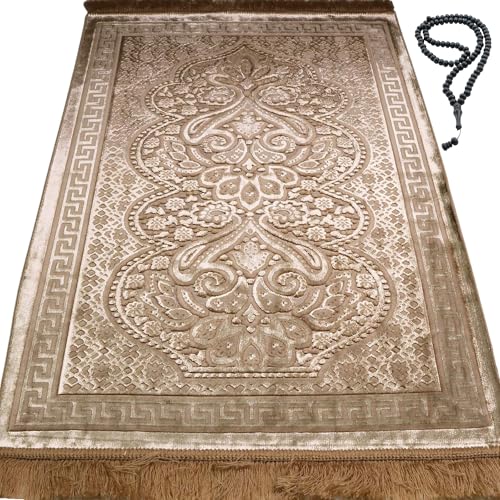 Modefa Luxury Velvet Prayer Rug with Prayer Beads | Soft Elegant Muslim Turkish Janamaz Sajada Carpet for Men and Women | Plain Solid Prayer Mat Ramadan Eid Gift - Paisley (Golden Beige) - color: Golden Beige