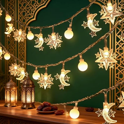 Led Fairy Lights, LED String Lights Adorned with Ramadan Stars, Moons for Bedroom, Christmas, Parties, Wedding, Centerpiece, Decoration (3m/9.8ft Warm White)