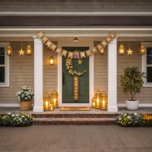 Mandala Crafts Burlap Ramadan Mubarak Banner Muslim Islamic Bunting Sign - color: Ramadan