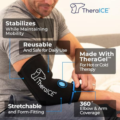 TheraICE Elbow Ice Pack Wrap Compression Sleeve for Injuries Reusable Gel Arm Cold Packs | Tennis Elbow Golfers & Cubital Tunnel, Tendinitis Pain Relief | Plus Shin Splints, Calf Strain | Women & Men - color: Black, size: Large/X-Large