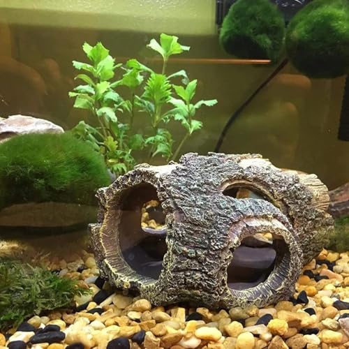 Aquarium Tree Trunk Hideout, 13.5x9x5.5 cm, Resin Fish Tank Decoration with Multiple Openings, Brown