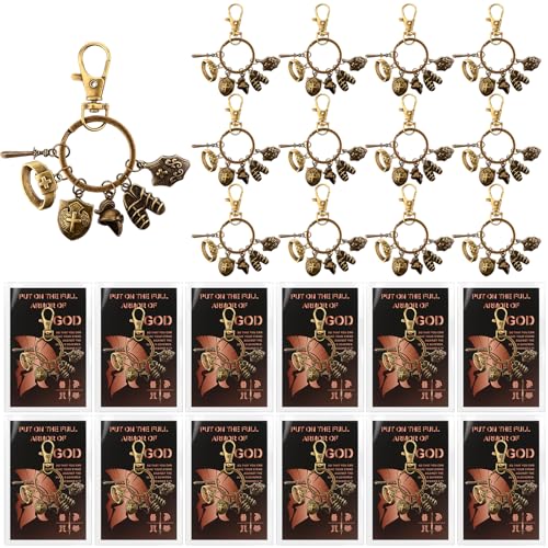 12 Sets Put on The Whole Armor of God Keychains with Cards Christian Gifts Bulk Military Dog Tag Keychain Religious Gifts for Men Women