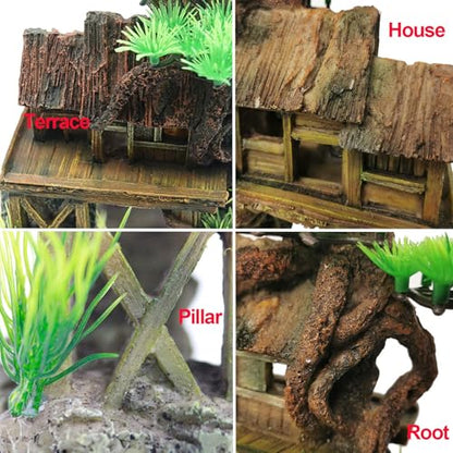 kathson Aquarium Decorations Fish Tank Ornaments House on Terrace with Tree Root Resin Handicrafts for Betta Fish