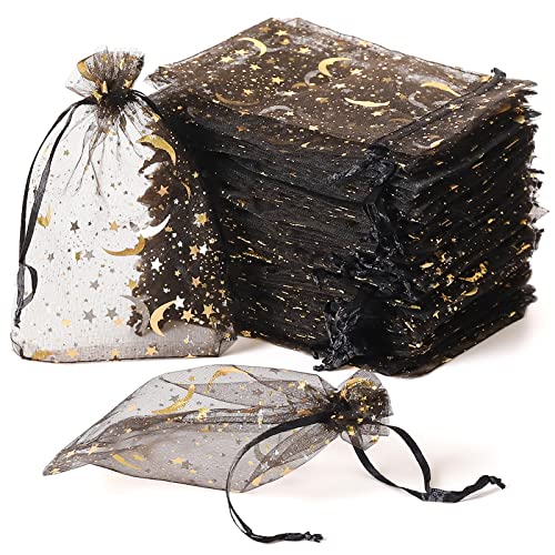 100PCS Moon Star Organza Bags - 4x6" Wedding Favors with Drawstring, Black Organza Gift Pouch for Jewelry, Wedding, Valentine's Day, Christmas, Eid Mubarak Party Favor Bags - color: black
