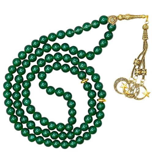 Amazing Gemstone Crystal Tasbeeh with Moon and Star Charm - Certified Crystal Muslim Prayer Beads Natural Gemstone Tasbih Gift for Ramadan Dhikr and Daily Namaz (G) - color: Green Jade (dye)