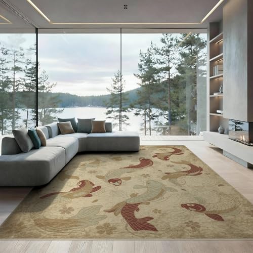 6'x9' Washable Japanese Koi Fish Area Rug, Beige Non-Shedding Pet Friendly Room Rug for Queen Size Bedroom, Under Bed, Master Suite, Foldable Easy Care Carpet | Ref:1885583 - color: Beige/Pattern 46, size: 6' x 9' (Rectangular)