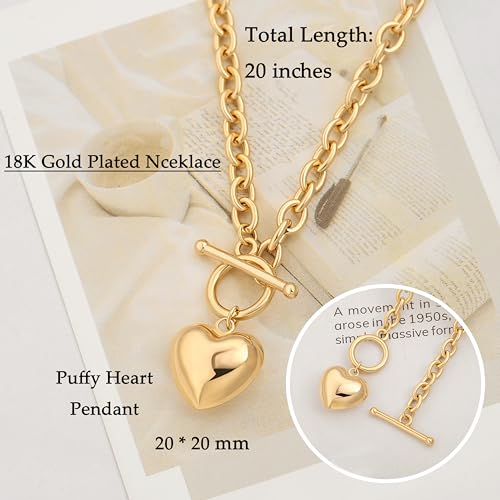 POTESSA 18K Gold Plated Pendant Necklace Medallion Coin Heart Y Shaped Chain Toggle Necklace for Women Jewelry - color: Heart OT
