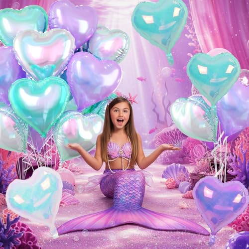 Iridescent Heart Balloons, 10PCS Crystal Foil for Mermaid Birthday Party - color: Iridescent Blue Purple