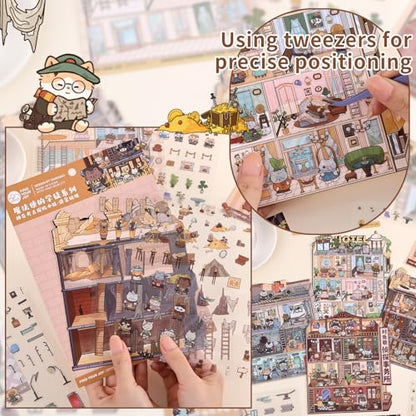 Girls 3D Miniature Scene Stickers, 4 Sets Magic Apprentice DIY House Stickers for Archaeological,Detective,Laboratory,Hotel,Cute 3D Cartoon Scene Stickers for Adult Kids Relief Stress Pass The Time - style: Magic Apprentice