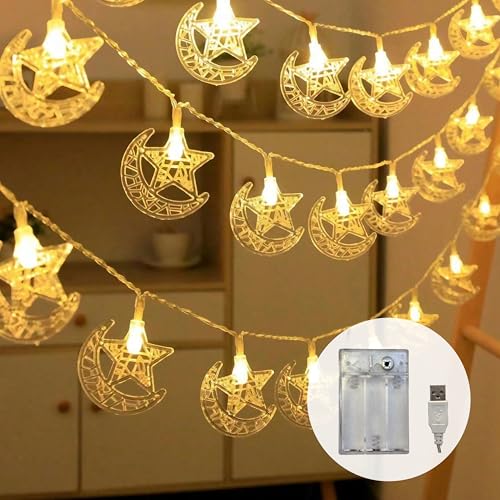 Ramadan Decorations for Home Ramadan Lights 13FT 20LED USB or Battery Operated 8 Modes Timer Star Moon Fairy Twinkle Lights Eid Mubarak Decor Warm White (Star Moon 1) - color: Star Moon 1