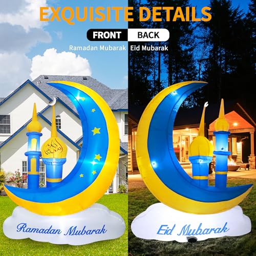 5FT Ramadan Decorations Inflatable Outdoor, Ramadan Mubarak & Eid Mubarak Moon Cloud Star Mosque Decor with Built-in LED Lights, Muslim Islamic Blow Up for Home Yard Garden Party Lawn - style: 5FT Ramadan Mosque Moon