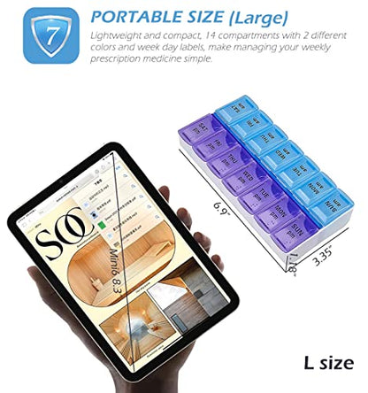 VOFOON Travel Pill Organizer 2 Times a Day, Large AM PM Pill Organizer 7 Day, PU Leather Daily Pill Box Case, Weekly Pill Medicine Organizer for Vitamins Medicine Fish Oils Supplements (L Size) - size: Large 7 Days x 2 Compartments