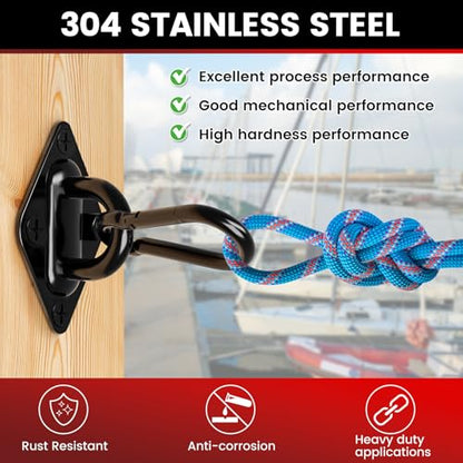 sprookber 304 Stainless Steel Pad Eye Snap Hooks, M6 Heavy Duty Ceiling Hooks, 800 lb Capacity Hammock Swing Hanging kit, Plant Hangers, Marine Hardware Staple Hook Loop with Screws, Set of 8(Black) - size: 2.3 inch, style: Black Rhombus