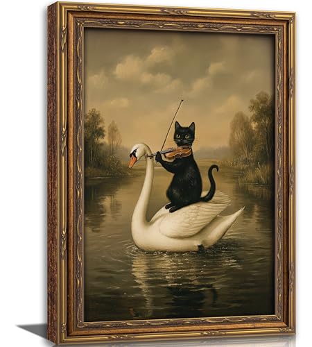 Vintage Gold Framed Black Cat Wall Art,Dark Academia Swan Painting Canvas Print,Moody Cottagecore Cute Animal Wall Decor, Rustic Farmhouse Animal Poster Artwork for Living Room Bedroom Bathroom - color: Black Cat, size: 11"L x 9"W
