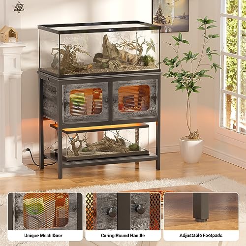 40-50 Gallon Fish Tank Stand with LED Light and Outlet, Heavy Duty Metal Aquarium Stand with Cabinet and Accessories Storage, Reptile Tank Turtle Terrariums Table Stand Hold 880LBS, Grey Oak