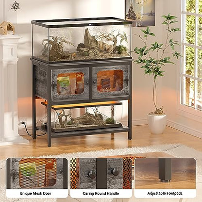 40-50 Gallon Fish Tank Stand with LED Light and Outlet, Heavy Duty Metal Aquarium Stand with Cabinet and Accessories Storage, Reptile Tank Turtle Terrariums Table Stand Hold 880LBS, Grey Oak