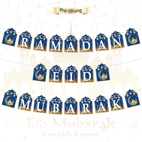 3pcs Ramadan Banner Eid Mubarak Decoration, 2 in 1 Ramadan Kareem Hanging Banners Decor, No DIY Needed Eid Al-Fitr Iftar Party Favor Hang Garland Supplies for Home Tree Fireplace Wall - color: Blue-Gold