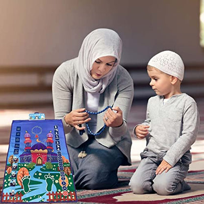 Kids Muslim Prayer Rug - Electronic Islamic Prayer Carpet Mat, Teaching Talking Music Mat with Worship Step Guide for Toddlers (Classic Blue)