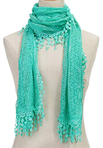Cindy & Wendy Lightweight Soft Leaf Lace Fringe Scarf Bridal Shawl for Women - color: Turquoise-2