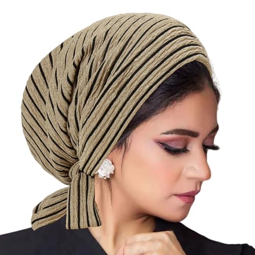 Suillty Women's Pre-Tied Muslim Hijab Bonnet Pleated Ruffle Turban Chemo Cap Underscarf Islamic Headwear - color: Khaki Striped
