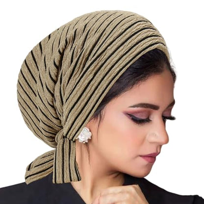Suillty Women's Pre-Tied Muslim Hijab Bonnet Pleated Ruffle Turban Chemo Cap Underscarf Islamic Headwear - color: Khaki Striped