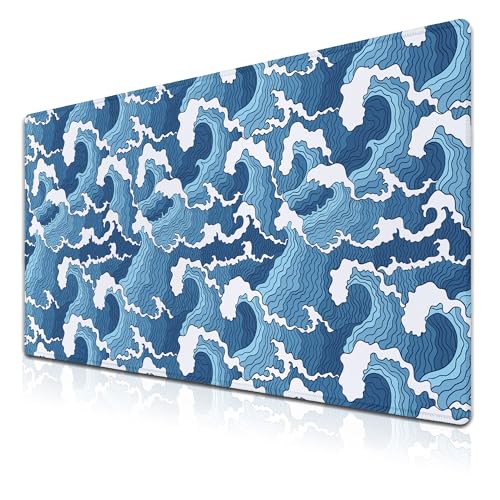 Large Desk Pads Blue and White Desktop Pad, Pc Mouse Pad Keyboard Mat, Desk Pad Gaming Waterproof Non-Slip Rubber Base, 35.4 X 15.7 inch for Work/Game/Office/Home Japanese Abstract Waves - color: Japanese Abstract Blue And White Wave