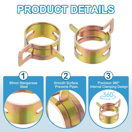 PATIKIL Spring Band Hose Pipe Clamps for 17-19.5 mm OD Hose, 50 Pack Silicone Vacuum Constant Tension Band Clips for Fuel Line Silicone Air Hose Tube Water Pipe, Gold - size: 17-19.5 mm