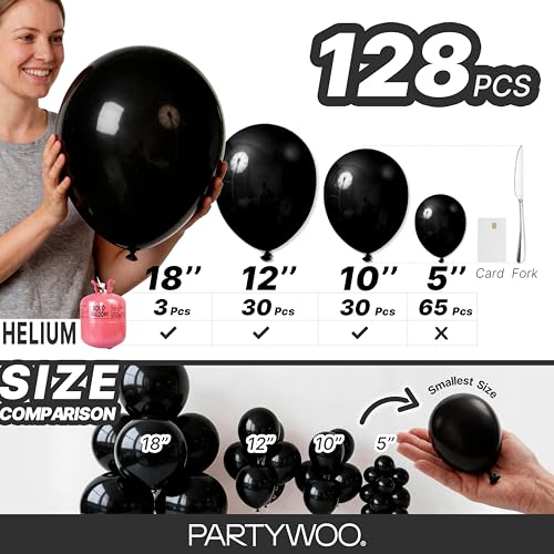 PartyWoo 블랙 풍선 128피스 다양한 사이즈 45.7cm(18인치), 30.5cm(12인치), 25.4cm(10인치), 12.7cm(5인치) 블랙 풍선 아치 키트 화환 베이비 샤워 생일 졸업 카지노 게임 기념일 레이스 카 파티 장식 블랙-Y18 - color: 블랙-y18