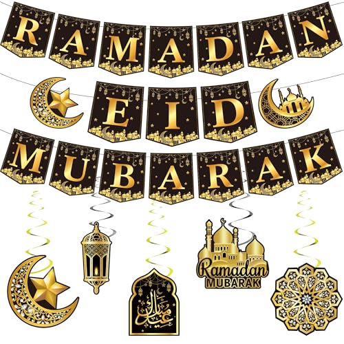 Ramadan Banner and Hanging Swirls Decorations for Home Ramadan Mubarak Decorations Eid Mubarak Muslim Decor