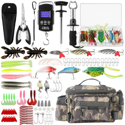 mouhike 113Pcs Fishing Tool Kit, Fishing Bag, Fishing Pliers Hook Remover, Fish Lip Gripper, Fishing Lures Hook Tackle Box, Handheld Digital Scale, Ice Fly Fishing Gear Accessories Set Fishermen Gift - color: Camo