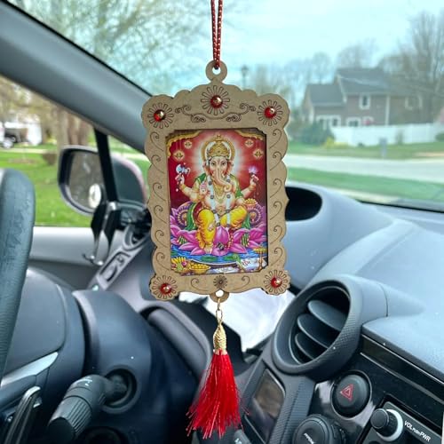 LOVENSPIRE Hindu Car Hanging Ornament Photo Frame Rear View Mirror Car Charm Interior Decoration Accessories Dashboard Decor Ganesha Krishna Hanuman Om Balaji Shiv (Pack of 1) - style: Ganesha