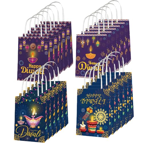 Colodeol 24 Pcs Diwali Gift Bags, Happy Diwali Tote Bags with Handles Paper Treat Bags Bulk for Indian Light Festival Party Decoration Favor - color: Diwali Blue Purple 24