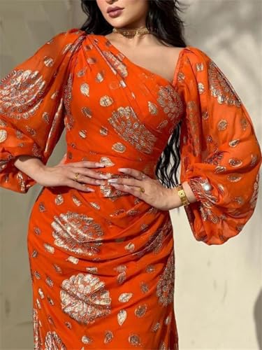 Women Floral Gold Stamping Chiffon Dress Turkish Dubai Party Evening Dress Puff Sleeve Long Gown - size: Medium