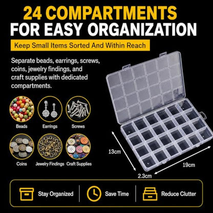 2 Pcs 24 Grid Plastic Organizer Boxes Small Parts Organizer Bead Storage Containers Jewelry Findings Organizers Box Earring Screw Holder Transparent Storage Case with Fixed Dividers