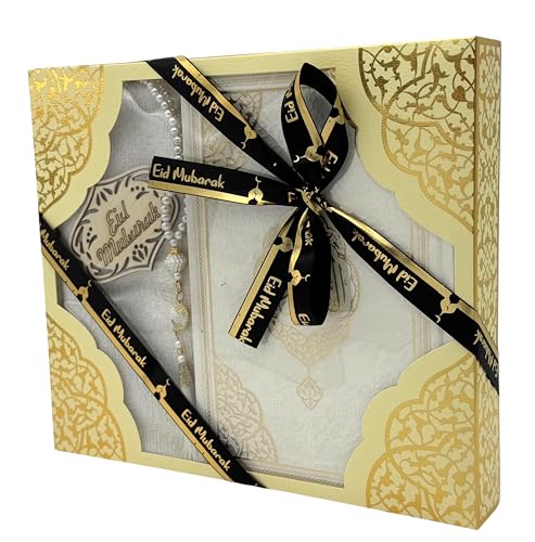 Modefa Luxury Eid Saeed Gift Box Set, Prayer Mat, Quran and Prayer Beads, with Black and Gold Ribbon (White) - color: White
