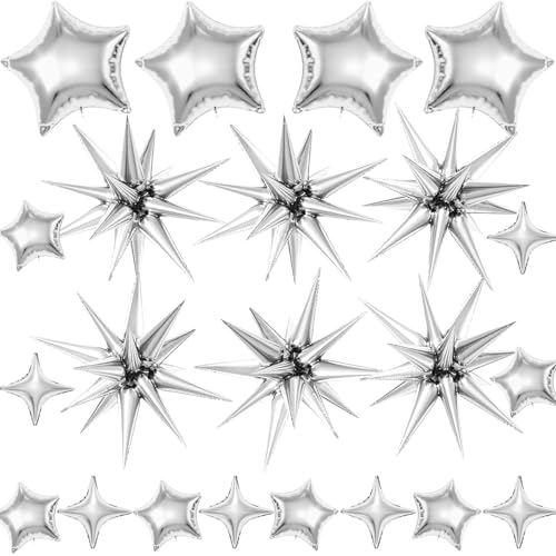 22 Pcs Silver Star Balloons,22/18/10 Inch Star Foil Mylar Balloon,Spike Balloon and Four Pointed Balloons for Party Supplies Christmas Birthday Wedding Photo Booth (Silver) - color: Silver