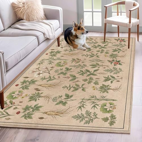 Vintage Botanical 4' x 6' Area Rugs for Playroom, Washable Bedroom Runner Carpet with Rug Tape, Country Herbs Leaves Plants Flowers Brown Accent Throw Rug Floor Carpet for Kids Room Dorm Bedside - size: 4' x 6' (Rectangular)